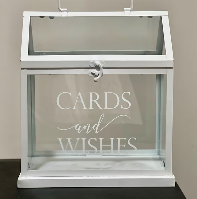White card box with 'Cards and Wishes' text on a neutral background
